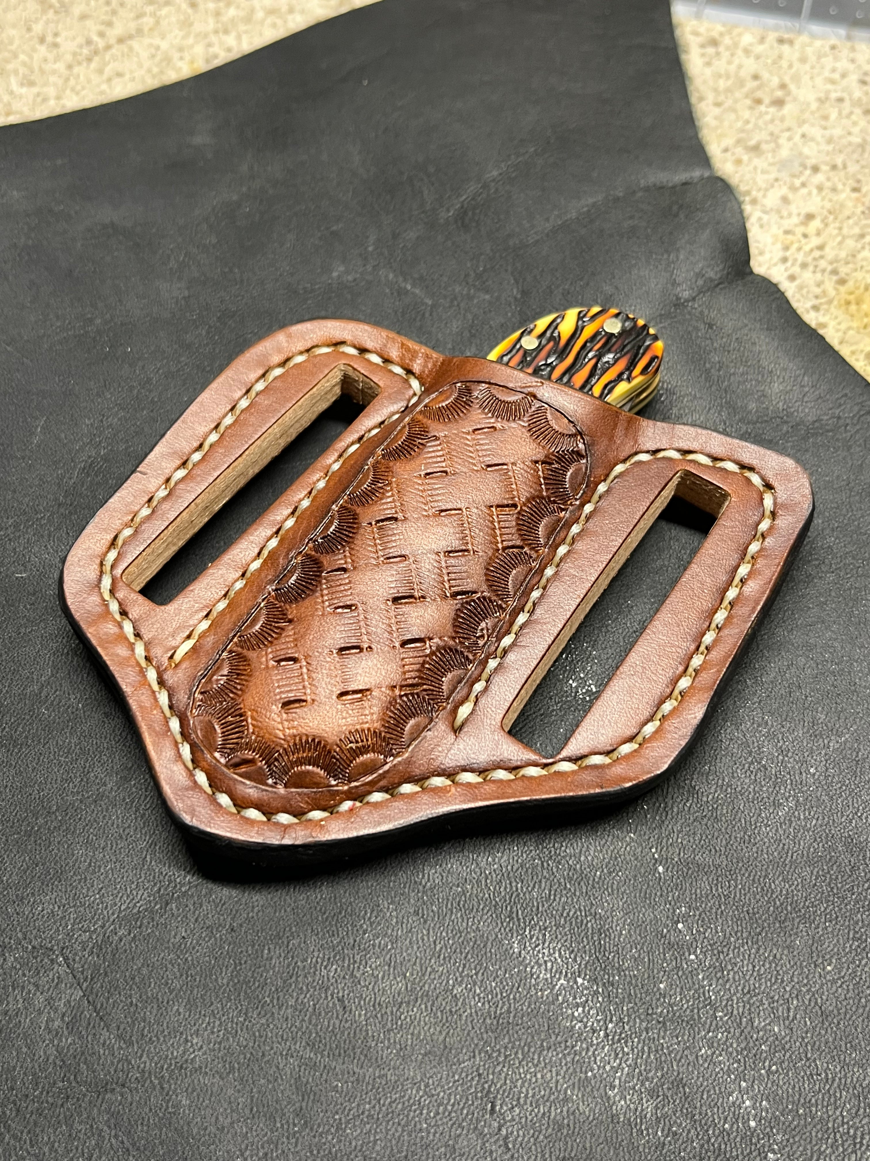 Leather Case Pancake Folding Knife Sheath, Basket Weave, Handmade